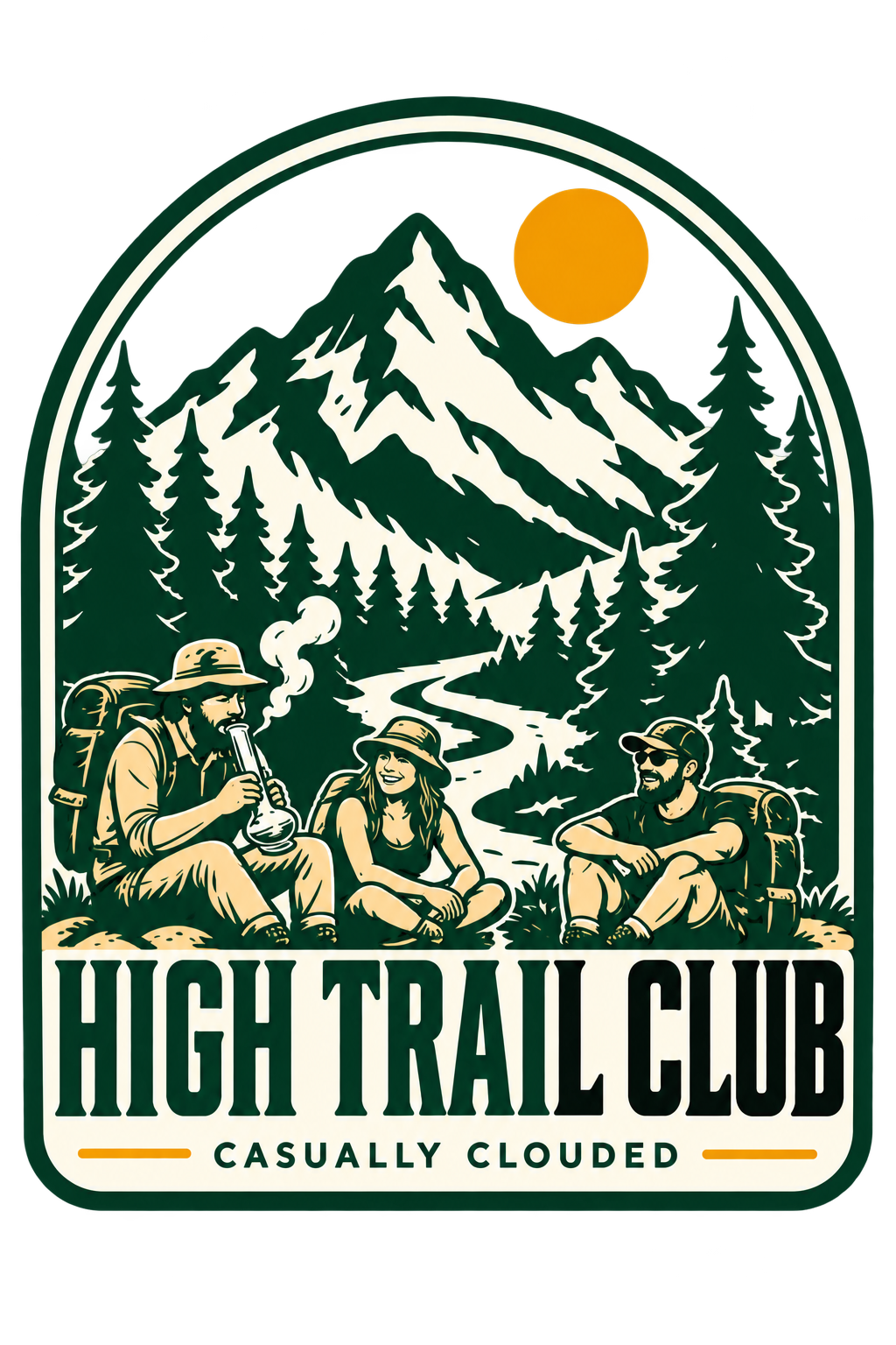 High Trail Club mountain badge with friends relaxing at a trailhead