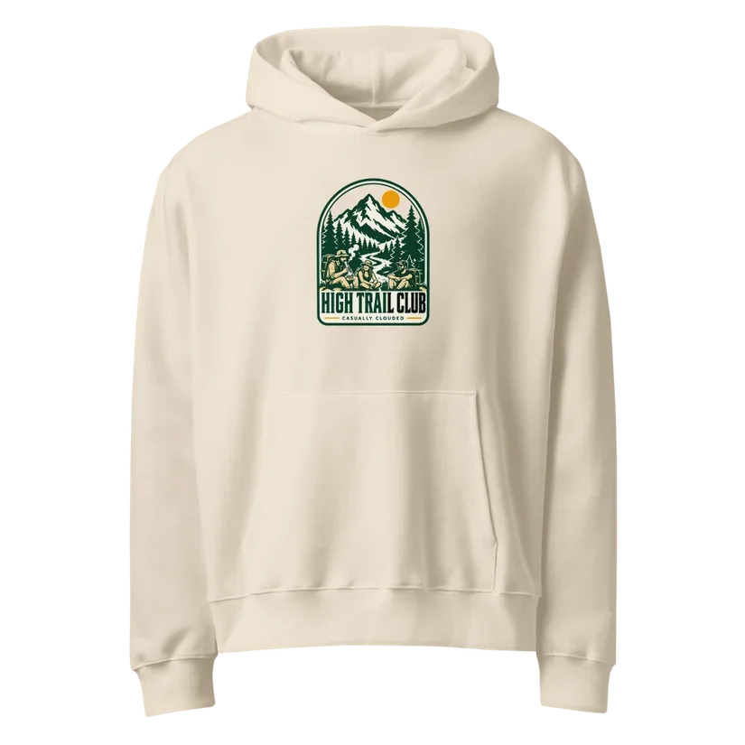 High Trail Club oversized hoodie in Dust with a vintage mountain and trailhead graphic